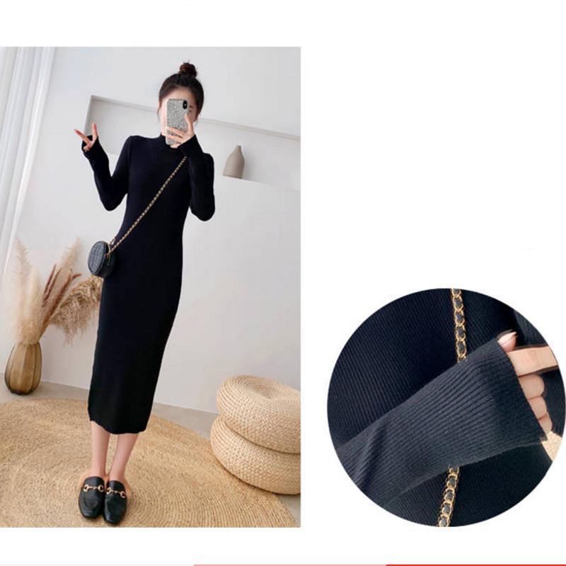 Pofulove Black Bottoming Skirt Long Half-High Neck Over-the-Knee Skirt Women Slim Knit Dress