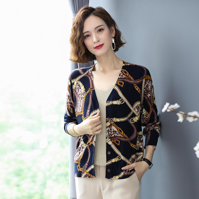 Women Printed  Cardigan Sweater Autumn Winter Long Sleeve V-Neck Casual Knitted Cardigan Elegant Female Tops Knit Jacket Coat