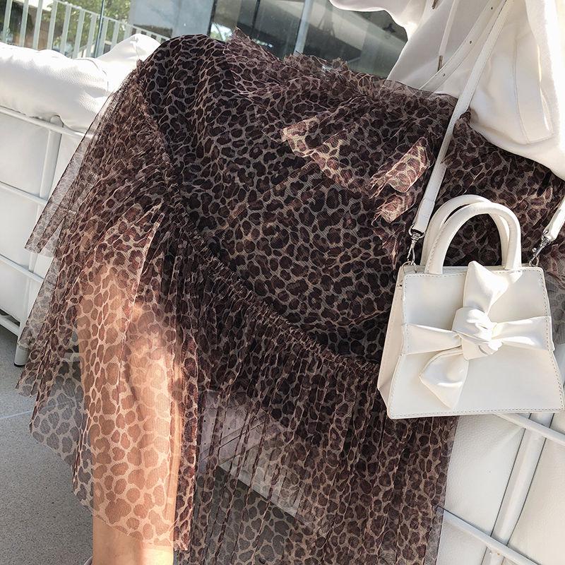 Elastic High Waist Long Tulle Skirt Women Irregular Hem Mesh Tutu Skirt Summer Leopard Print Skirt