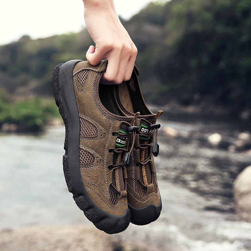 Plus Size 38-46 Men Outdoor Water Sneaker Non Slip Hiking Climbing Aqua Shoes Beach Barefoot Upstream Shoes Leather Seaside Shoes