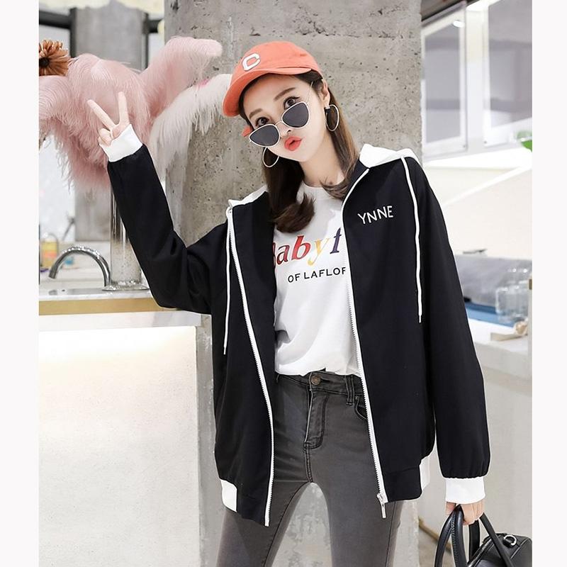 Spring and Autumn Short Hooded Jacket Womens' Letter Printed Double Lining Loose Thin Jacket Cardigan Top Double Layer Lining