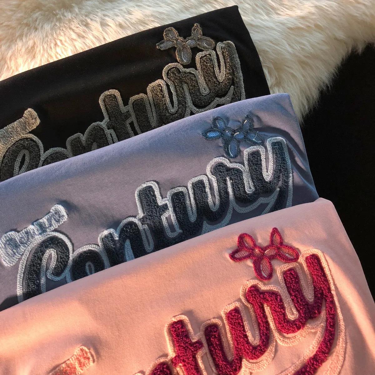 Plush embroidered Polyester Women's Summer round collar  Tees Loose Breathable  Simple Short Sleeve Harajuku all-match Cartoons style T Shirt Tops