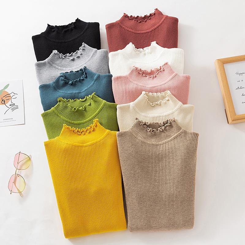 Autumn Winter New Style Half High Neck Knit Sweater with Wooden Ears Long-sleeved Pullover Slim-fit Lace-neck Sweater Women's Bottoming Shirt