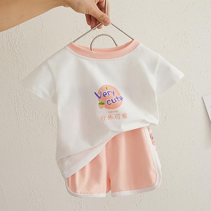 Kids Baby Girl and Boy Clothes Set Tops Solid Cartoon Short Sleeve Shirt Crop Pants Summer Casual Outfit Suit Girl and Boy 0-4Y