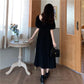 Summer Hepburn Style Design Niche Mid-length Split Dress Female A-line Dress Waist Thin Black Dress Sexy Cute Cool Girl