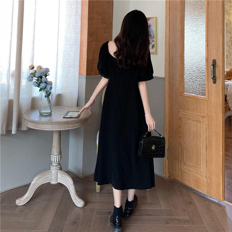 Summer Hepburn Style Design Niche Mid-length Split Dress Female A-line Dress Waist Thin Black Dress Sexy Cute Cool Girl