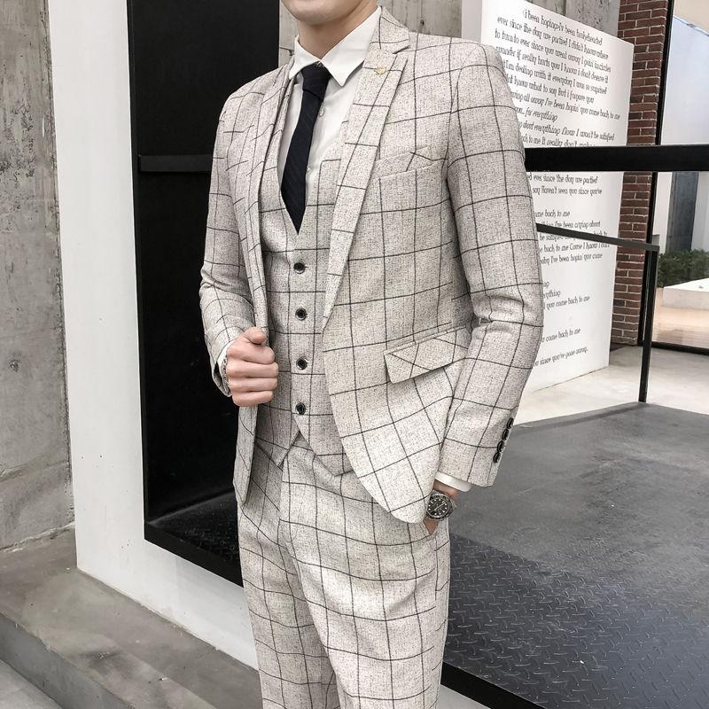 Men's Fashion Suit Solid Color Business Casual Jacket Pants Vest Three-piece Slim Formal Suit Groom Handsome Wedding Dress