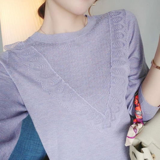 Autumn Casual Fashion All-match Round Neck Pullover Knitted Sweater Temperament Small Shirt Top Sleeves