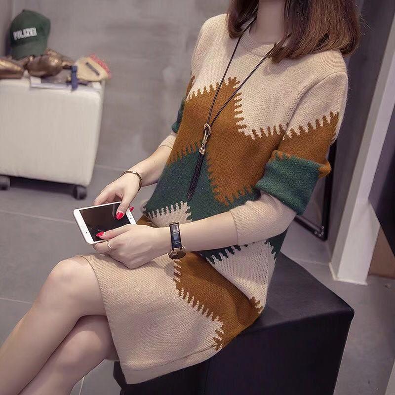 Mid-length Pullover Sweater Women All-mach Loose Large Size Thick Knitted Sweater dress Autumn Winter