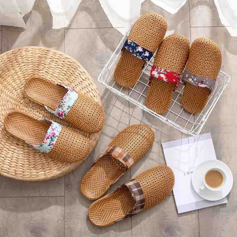 Summer Women Baotou Rattan Grass Woven Flat Slippers Floral Bow Linen Women Sandals Indoor Shoes
