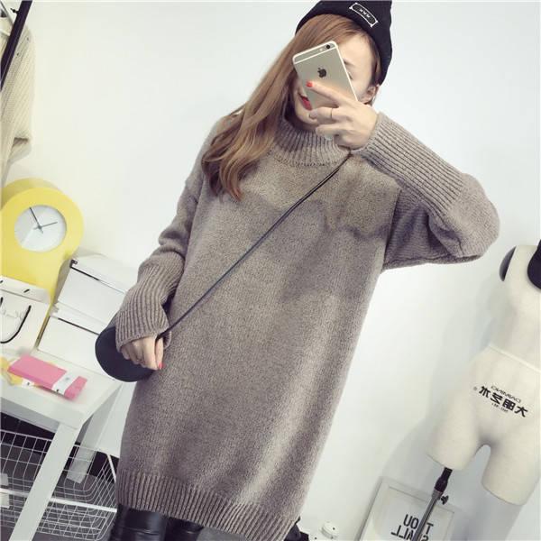Winter Sweater Dress Women Casual Mid-length Raglan Sleeves Turtleneck Knit Pullovers Women