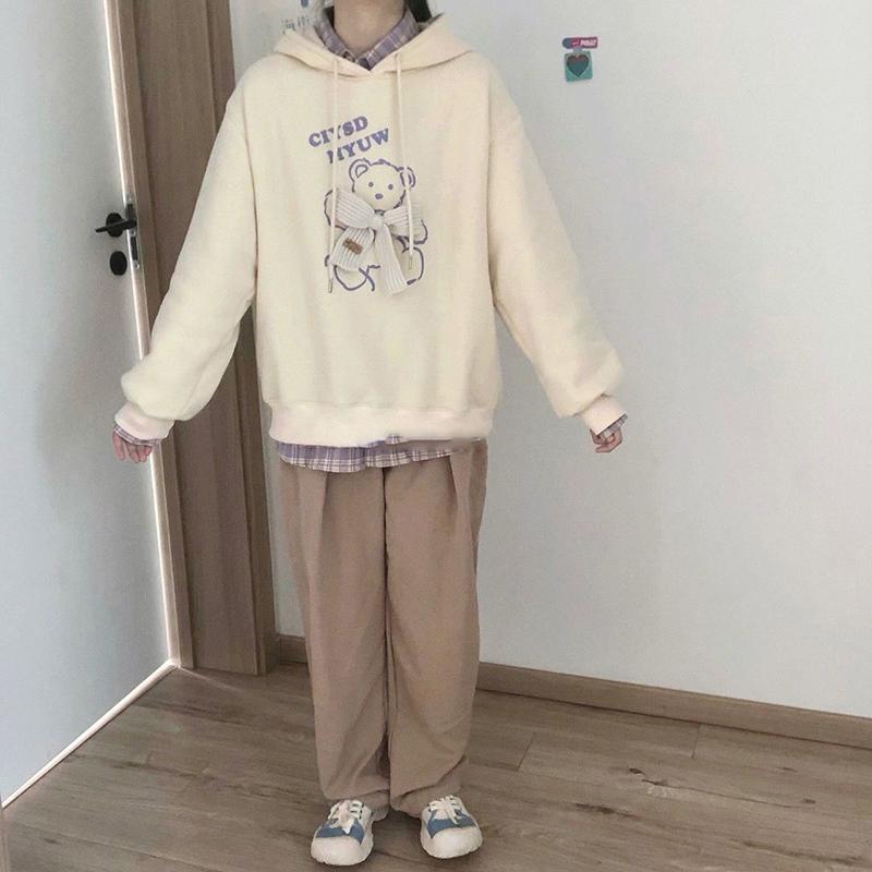 Winter Hoodies Women Hooded Tops Thick Fleece Pullovers White Fashion Bear Printed Fall Women Oversized Loose Knitted Bow Harajuku Sweatshirts