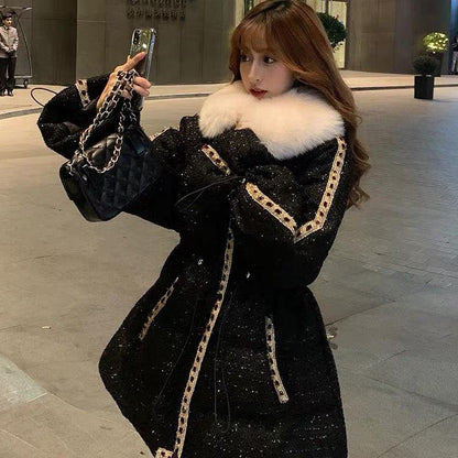 Winter Jacket Women's Cotton-padded Clothes Mid-length Loose-fitting Bright-faced Large Fur Collar Waist Thin Down Cotton-padded Coat