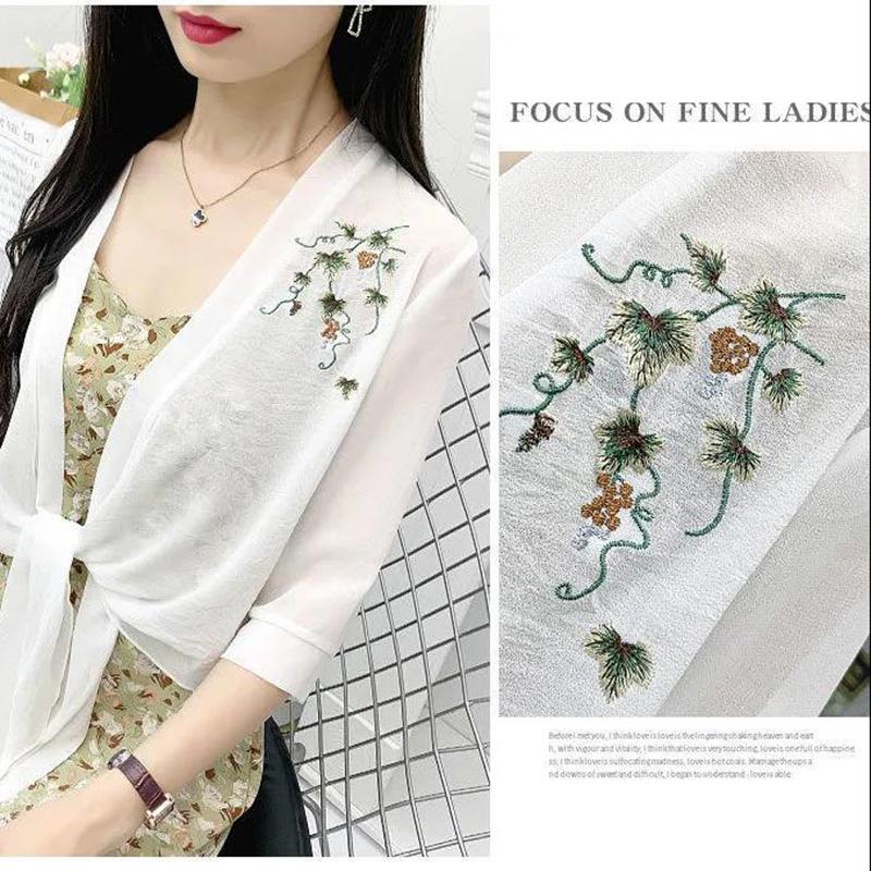 Flower Pattern Embroidery Women's Short Sun Protection Clothing Summer Chiffon Shawl Cardigan Thin