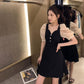 Summer French Retro Puff Sleeve V-neck Waist Waist and Thin Temperament Dress Women's Little Black Dress Mid-length Slim Dress French Retro