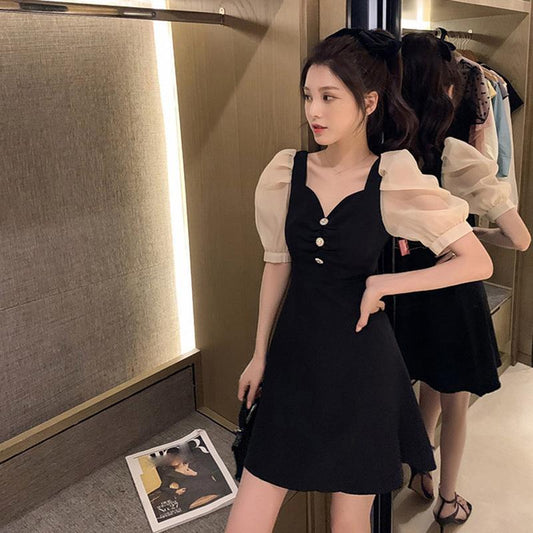 Summer French Retro Puff Sleeve V-neck Waist Waist and Thin Temperament Dress Women's Little Black Dress Mid-length Slim Dress French Retro