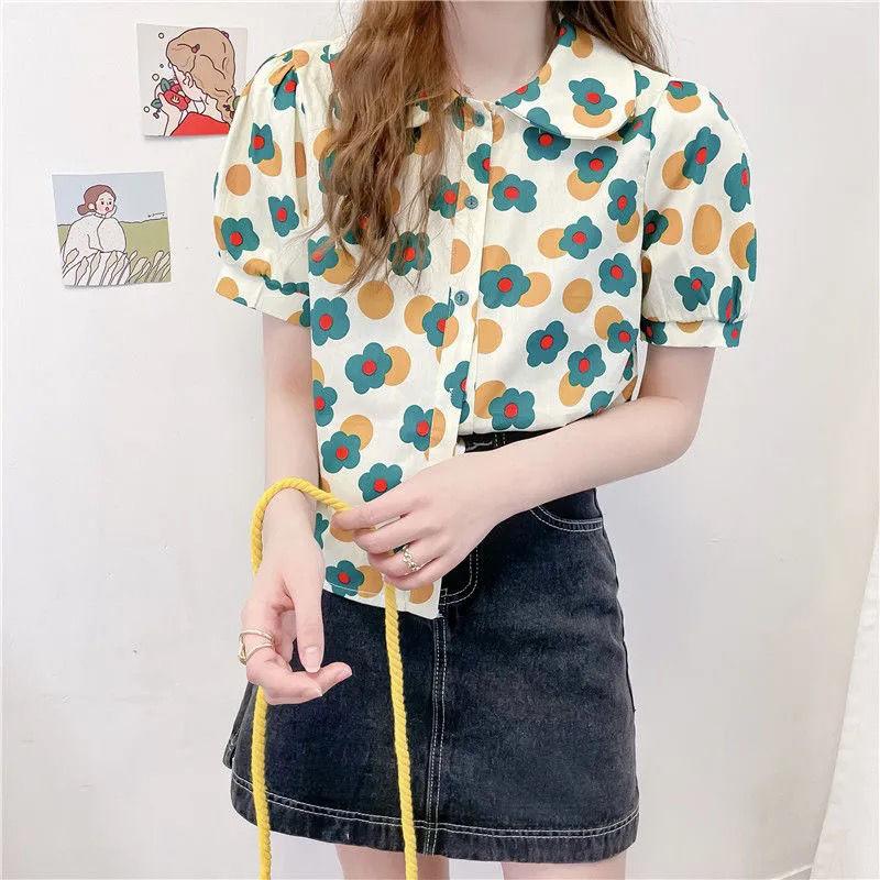 Short Sleeve T-shirt Women's Summer Loose Doll Collar Printed All-match Top
