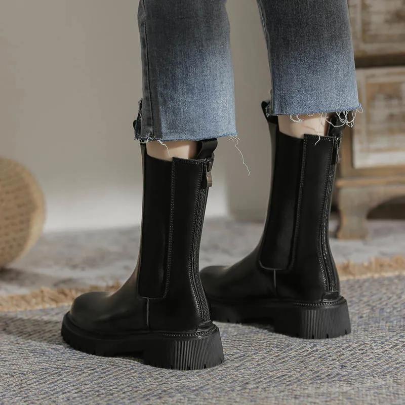 Chelsea Boots Martin Boots Woman Spring and Autumn Boots Thick Black Leather Single Boots Motorcycle Boots