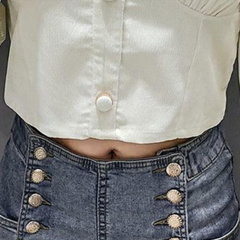 Women's Spring and Autumn Long Sleeve Square Collar Loose Solid Color Short Top