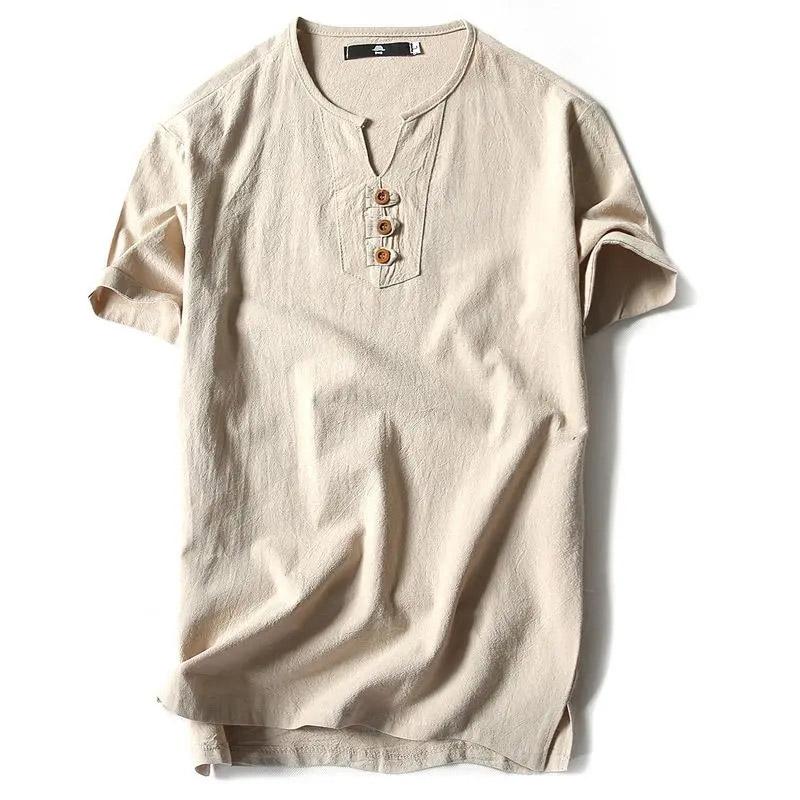 Oversized Linen Shirt Men's Summer Short-sleeved Plus Fertilizer Plus Size Loose Half-sleeved Solid Color Men's T-shirt