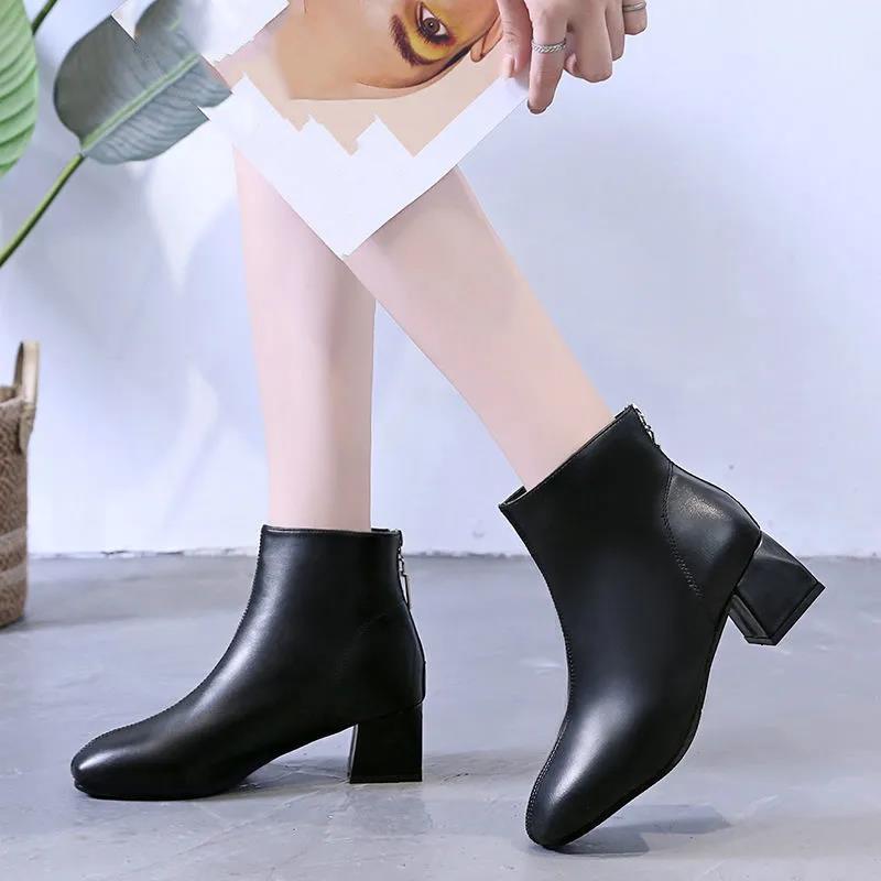 Women's Thick Heel Short Boots Autumn and Winter Trend All-match High-heeled Boots Short Tube High-top Shoes Square Toe Plus Fleece Boots