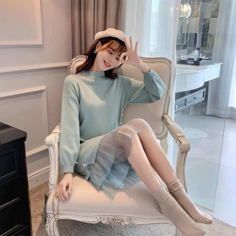 Pofulove Women Winter Sweater Dress Long Section Turtleneck Beading Lace Knitted Skirt Pullover
