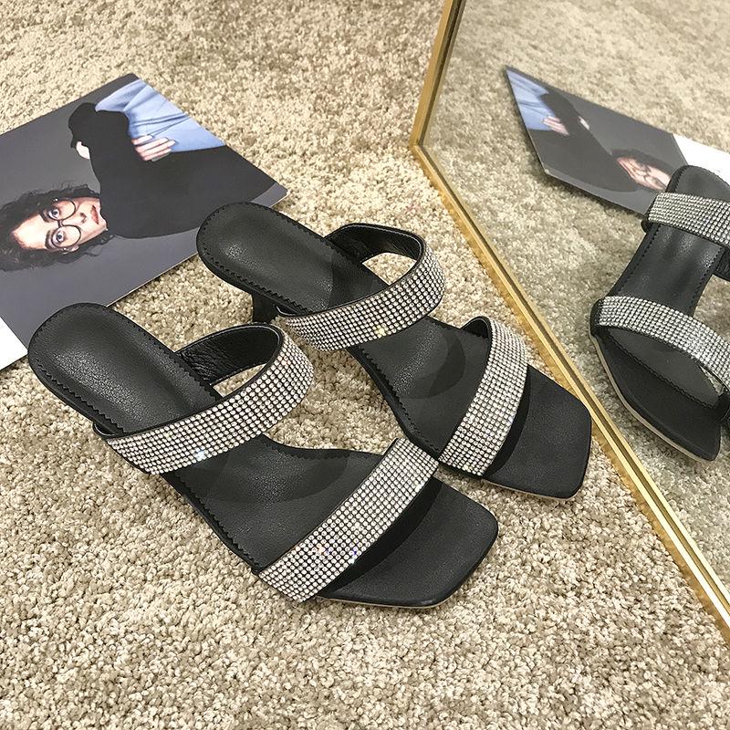 Fashion Bling Crystal Women Sandals Sexy Open Toe Zip Thin High Heel Rhinestone Stripper Shoes Summer Black Pumps