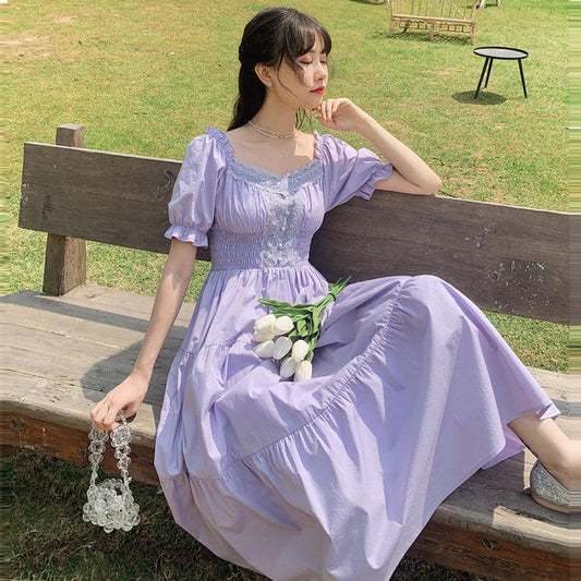 Summer Puff Sleeve Women's Waist Was Thin and Temperament Goddess Square Neck Lace Dress Long Retro Style Elegant Fresh and Cute
