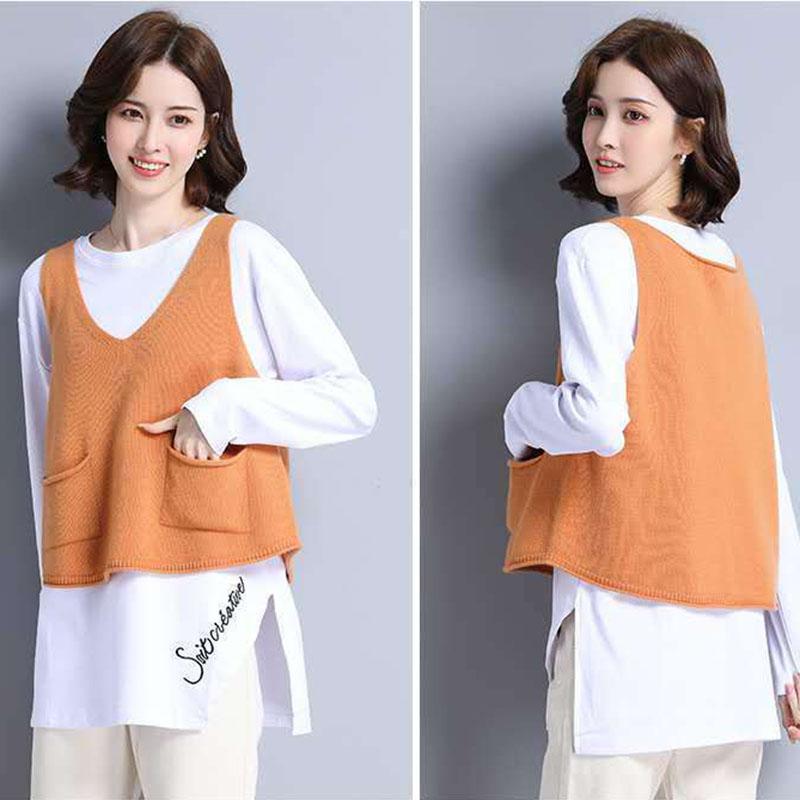 Spring and Autumn Loose Plus Size Vest Solid Color Short Sleeveless Sweater Knitted Outer Wear Women's Top