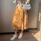 Oil Painting Style Floral Skirt Women's Mid-length High-waist Elastic Waist Large Skirt A-line Skirt Slim Slimming Thin Fabric Light and Breathable