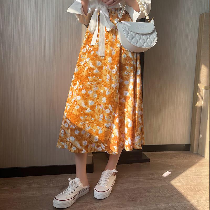 Oil Painting Style Floral Skirt Women's Mid-length High-waist Elastic Waist Large Skirt A-line Skirt Slim Slimming Thin Fabric Light and Breathable
