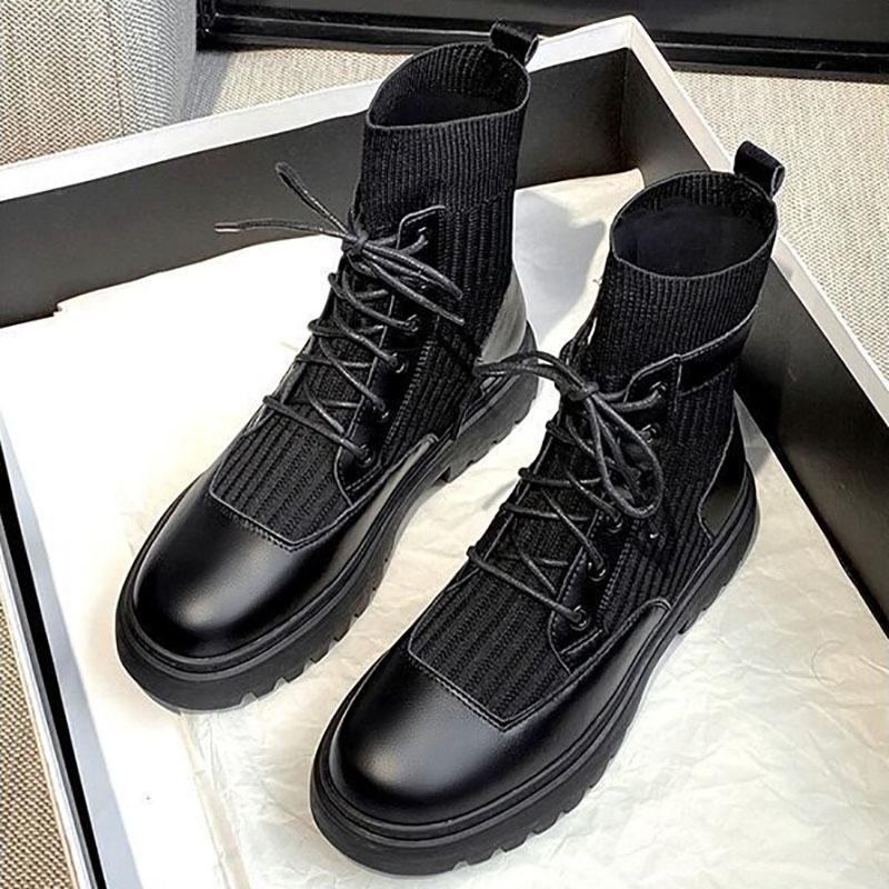 Martin Boots Women's Spring and Autumn Boots Korean Style Wild Breathable British Style Lace-up Ankle Plush Boots