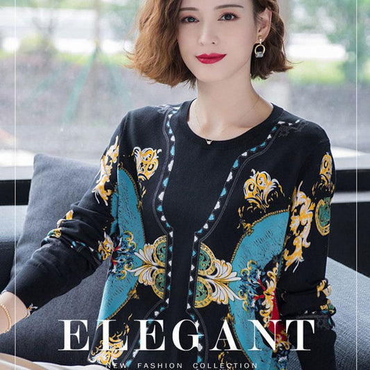 Ethnic Style Printed Sweater Cashmere Knitted Bottoming Sweater Women Winter Warm Woolen Sweater Plus Size Jumper Tops