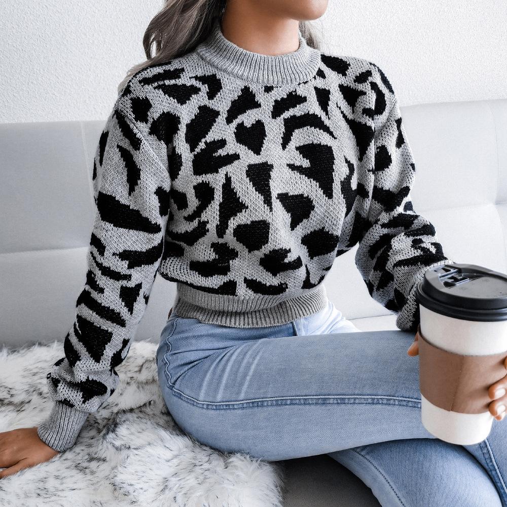 Sweater Women's Leopard Print Short Pullover Knitwear Cropped Top Trending Sweater Autumn and Winter European and American Style
