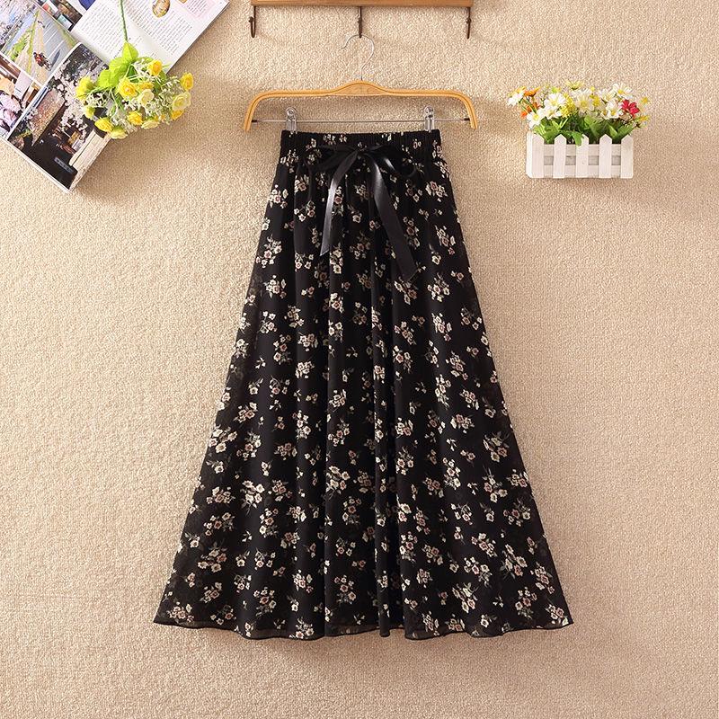 Summer High Waist Chiffon Women Midi Skirts Casual Floral Print Female Skirt Maxi Beach Skirt