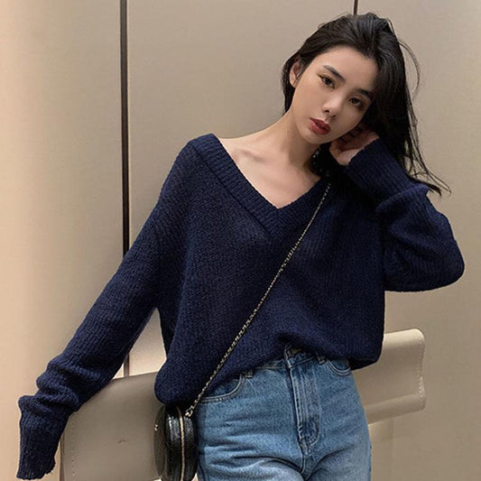 Autumn Fashion Sweater Casual Simple Loose Jacket Short V-neck Hollow Young Women's Bottoming Shirt
