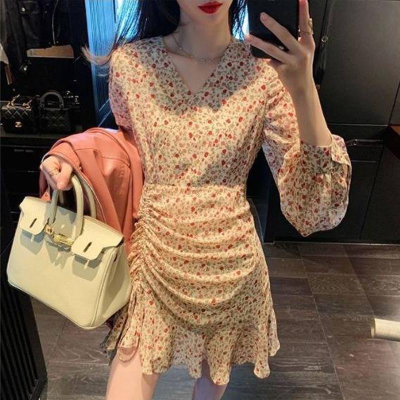Ruffled Mini Vintage Print Irregular Dress Lantern Sleeve Elegant Chiffon Dress Slim Streetwear