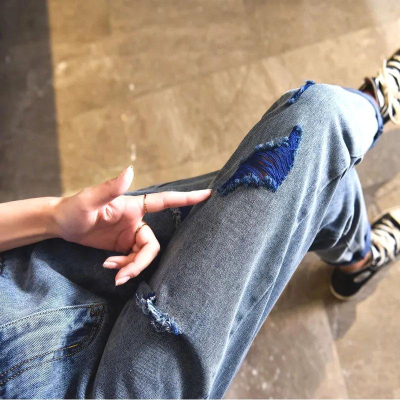 Women's High Waist Ripped Jeans Spring and Summer Thin and Loose Harem Radish Pants Straight Nine Points Dad Pants