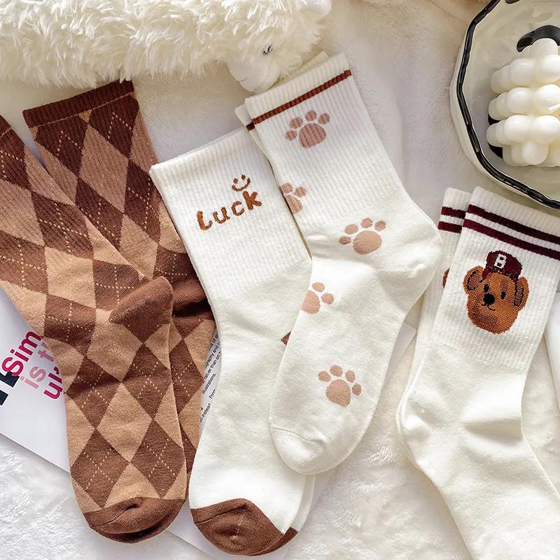 Women's Coffee Color Bear Socks Korean Version of The Middle Tube All-match College Style Sports Stockings Three Pairs