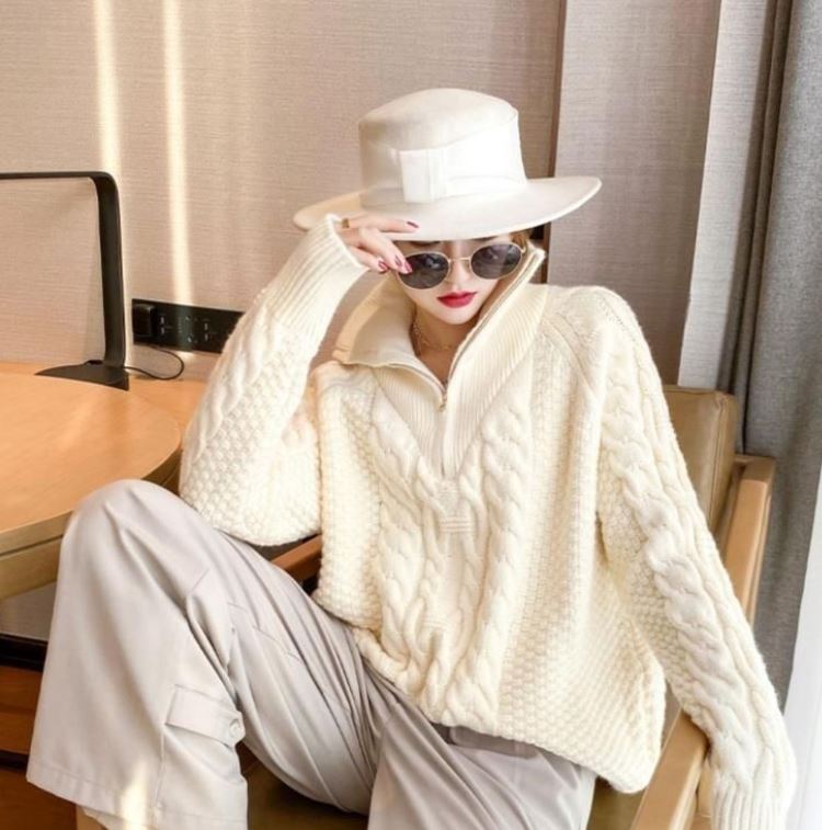 Fleece Half Turtleneck Zip Sweater Loose Lazy Style Thick Outerwear Sweater