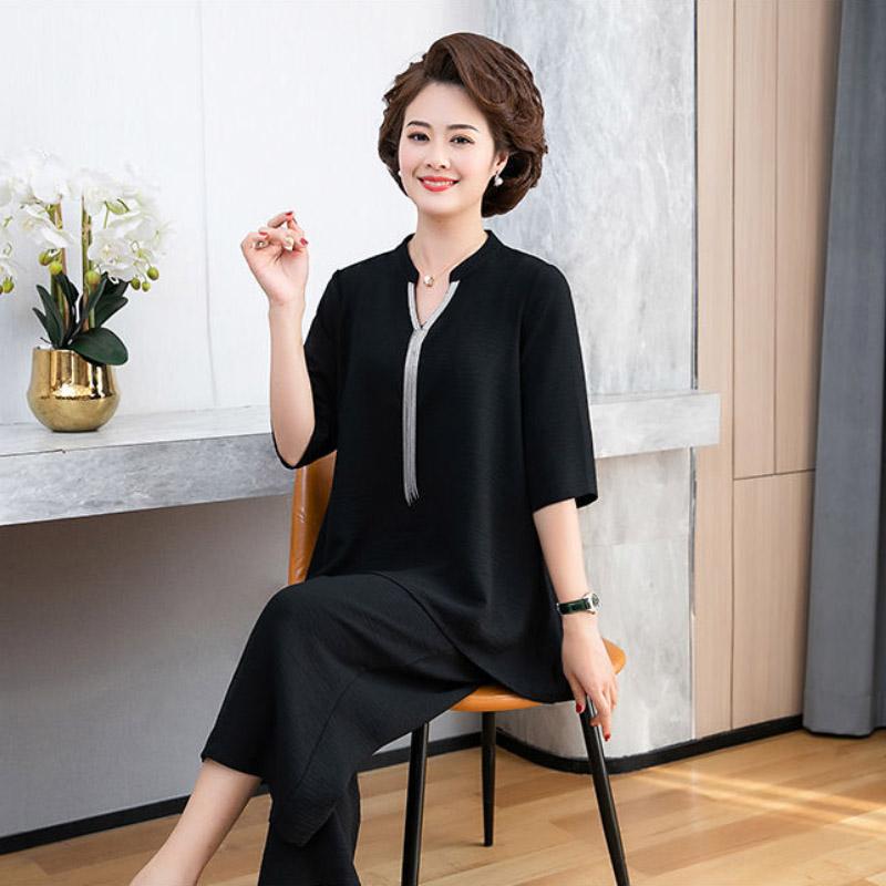 Spring Summer Women's Plus Size Casual Suit Solid Color Two-piece Sleeves Are Thin Versatile Wide-leg Pants