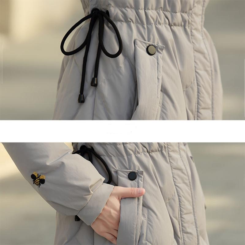 Women's Solid Color Embroidered Down Jacket Mid-length Korean Style Loose Thick Coat Warm Cotton Coat Large Fur Collar Winter Quilted Jacket