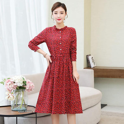 Printed Long Sleeve Dress Women's Ethnic Style Skirt Loose Thin Floral Cotton Linen Retro