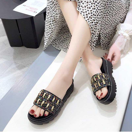 Size35-40 Summer Women Slippers Bohemian Beach Wear-resistant Non-slip Slippers Wedge Platform Leopard Print Sandals Outdoor Crystal High Heels