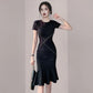 French Style Thin Elder Sister Light Cooked Style OL Temperament Fishtail Skirt Summer Female Lotus Leaf Bag Hip Dress
