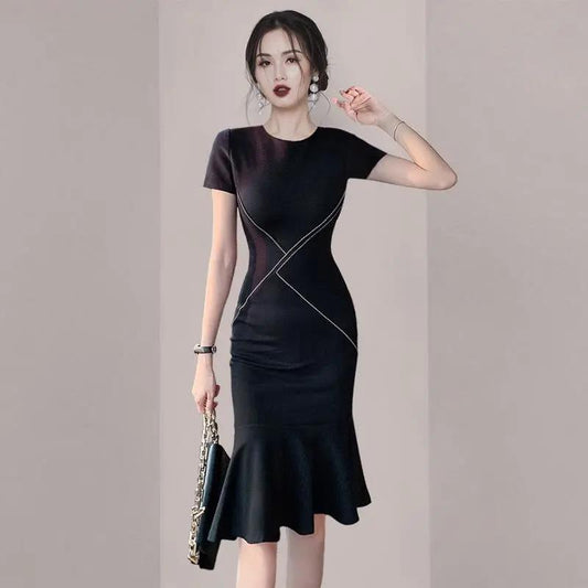 French Style Thin Elder Sister Light Cooked Style OL Temperament Fishtail Skirt Summer Female Lotus Leaf Bag Hip Dress