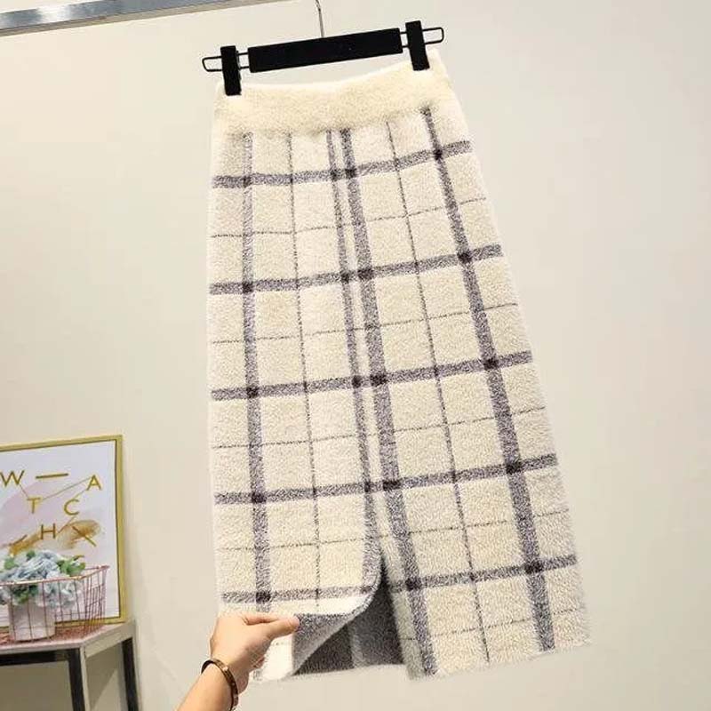 Women's Autumn and Winter Fashion Imitation Mink Velvet Bag Hip Skirt Large Size High Waist Knitted Skirt Mid-length Slim Printed Skirt