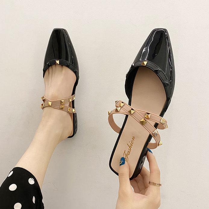 Office Ladies Summer Autumn Large Size Non-slip Baotou Slippers Women's Spring Solid Color Low Heel Rhinestones Single Shoes