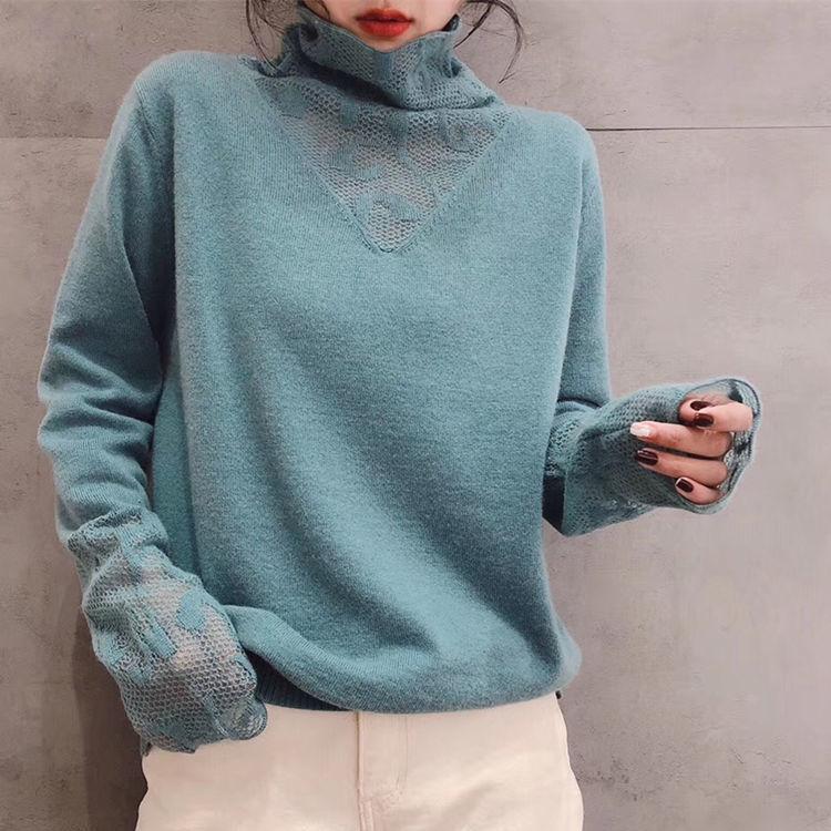 Autumn and Winter Turtleneck Sweater Slim Long-sleeved Lace Sweater with Stitching Bottoming Shirt Women