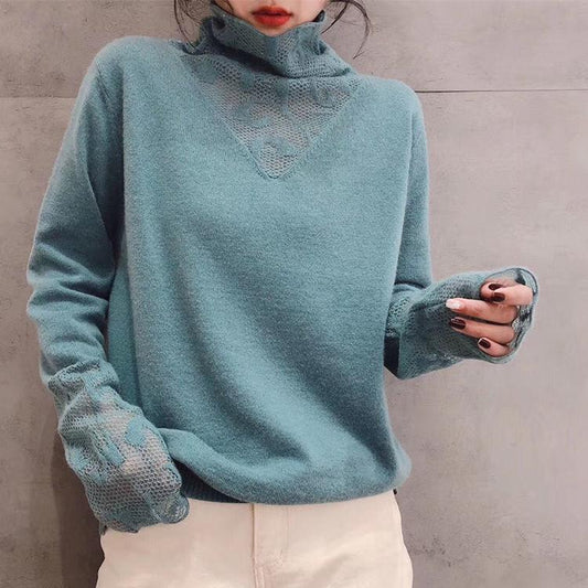 Autumn and Winter Turtleneck Sweater Slim Long-sleeved Lace Sweater with Stitching Bottoming Shirt Women
